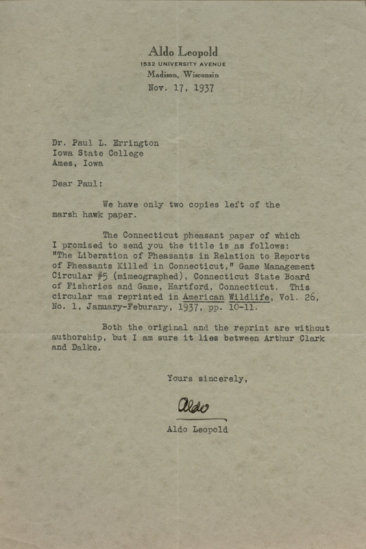 Aldo Leopold letter to Paul Errington, November 17, 1937