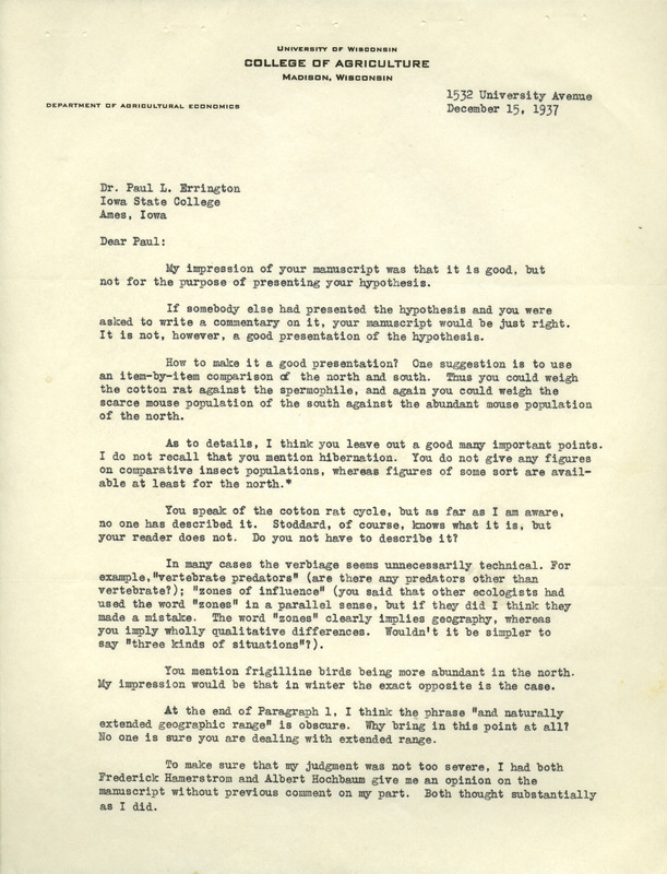 Aldo Leopold letter to Paul Errington, December 15, 1937