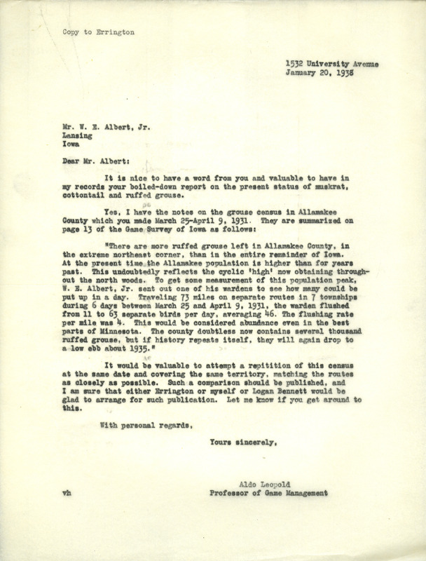 Aldo Leopold letter to Albert, January 20, 1938