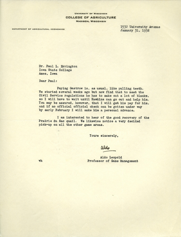 Aldo Leopold letter to Paul Errington, January 31, 1938