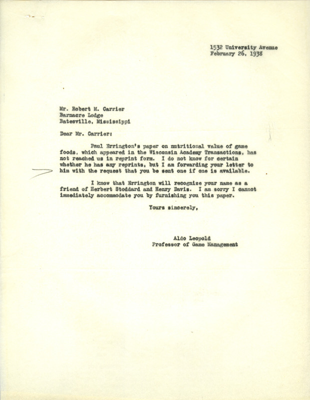 Aldo Leopold letter to Carrier, February 26, 1938