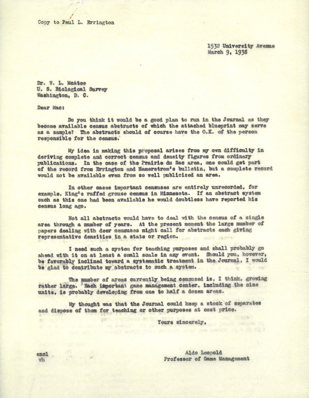 Aldo Leopold letter to McAtee, March 9, 1938