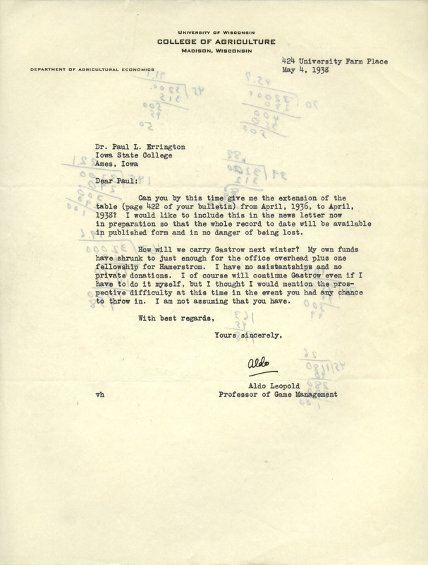 Aldo Leopold letter to Paul Errington, May 4, 1938