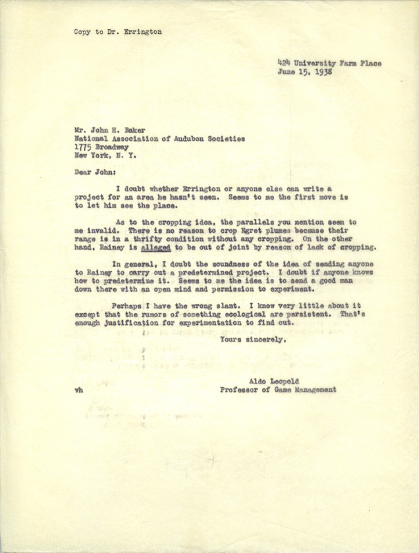 Aldo Leopold letter to Baker, June 15, 1938