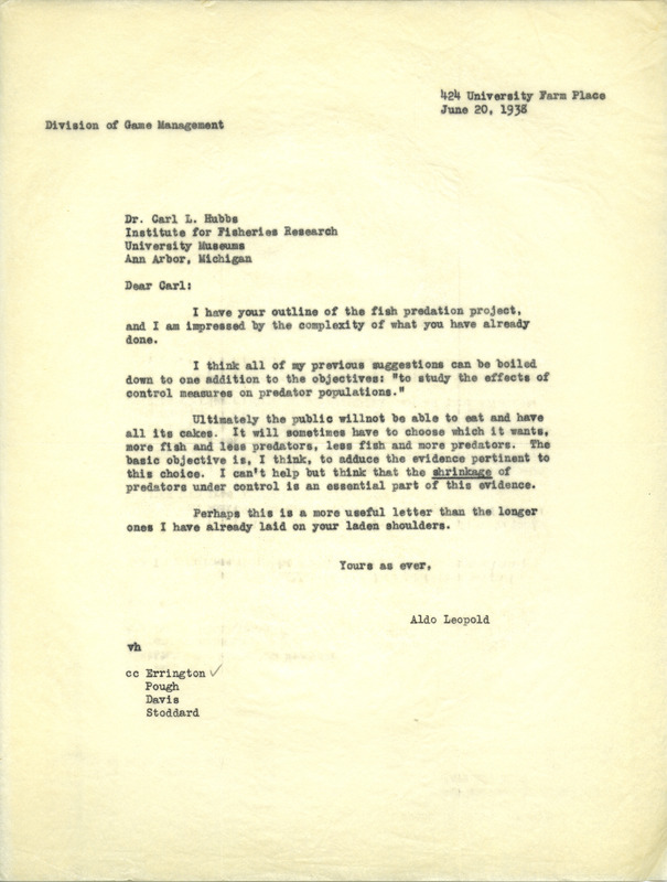 Aldo Leopold letter to Hubbs, June 20, 1938