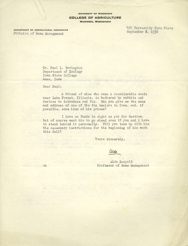 Aldo Leopold letter to Paul Errington, September 8, 1938