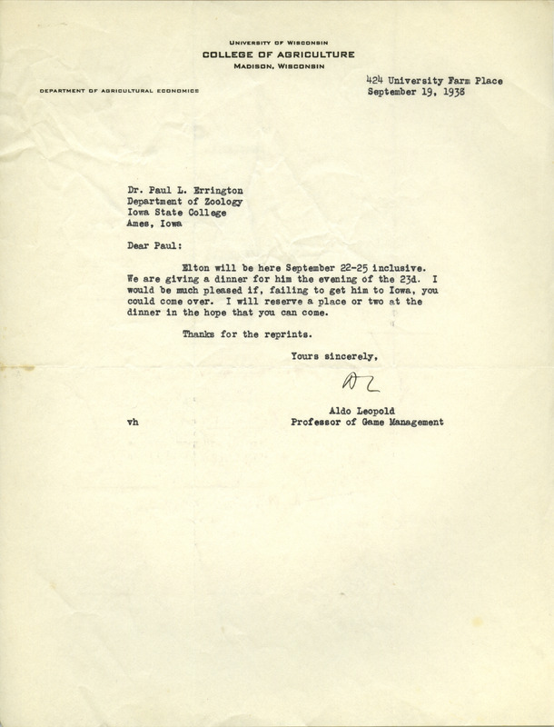 Aldo Leopold letter to Paul Errington, September 19, 1938