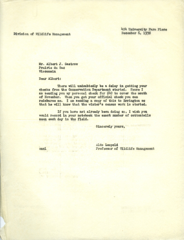 Aldo Leopold letter to Gastrow, December 6, 1938