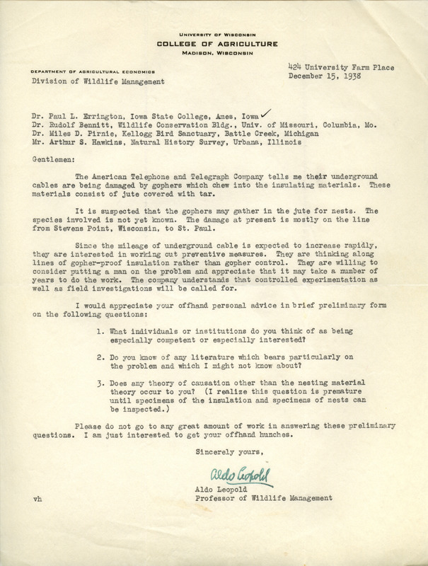 Aldo Leopold letter to Paul Errington, December 15, 1938