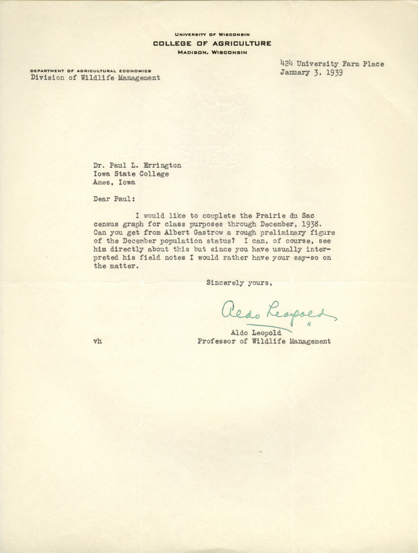 Aldo Leopold letter to Paul Errington, January 3, 1939