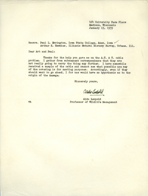 Aldo Leopold letter to Paul Errington, January 19, 1939
