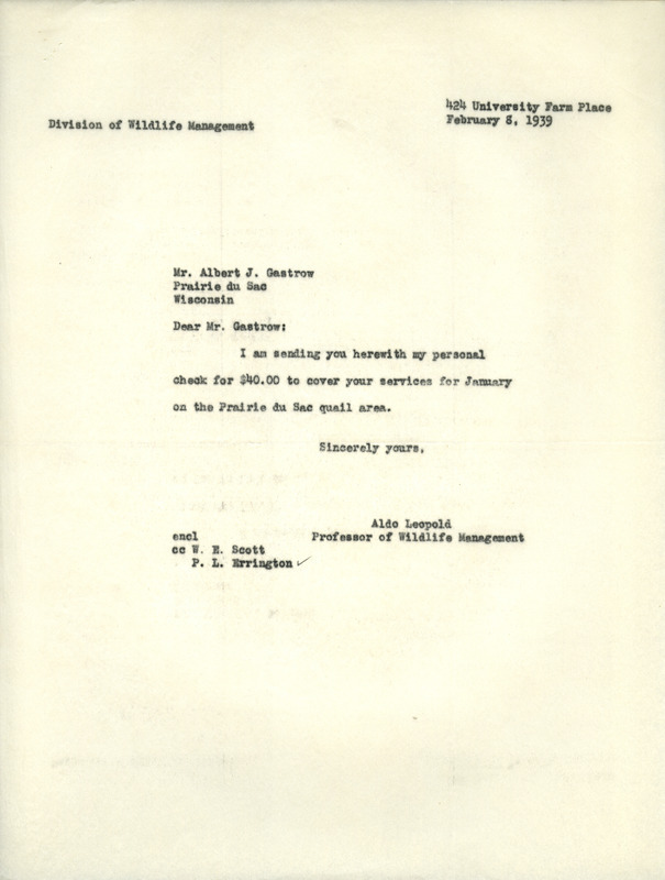 Aldo Leopold letter to Gastrow, February 8, 1939