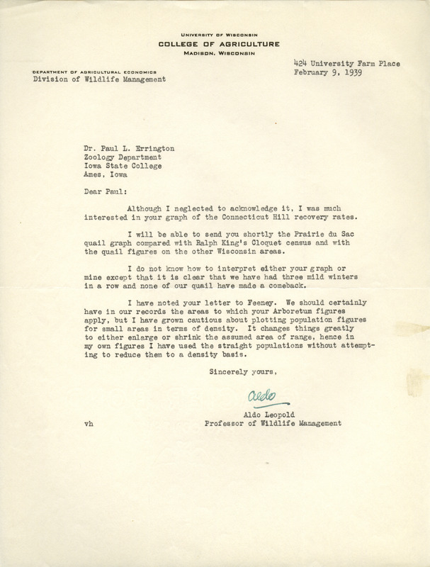 Aldo Leopold letter to Paul Errington, February 9, 1939