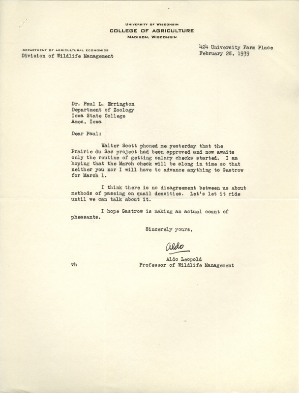 Aldo Leopold letter to Paul Errington, February 28, 1939
