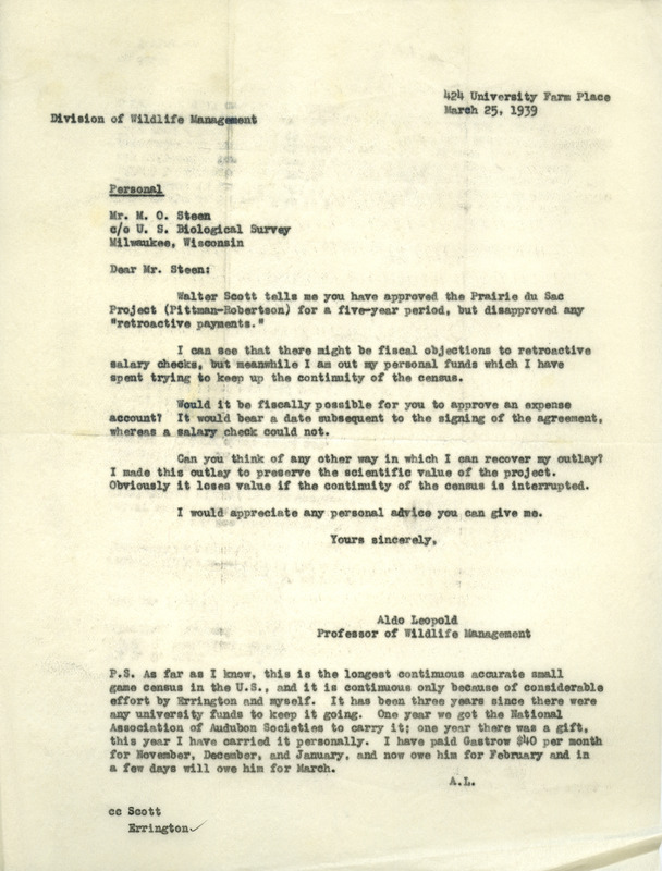 Aldo Leopold letter to Steen, March 25, 1939