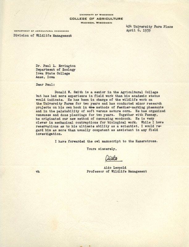 Aldo Leopold letter to Paul Errington, April 6, 1939