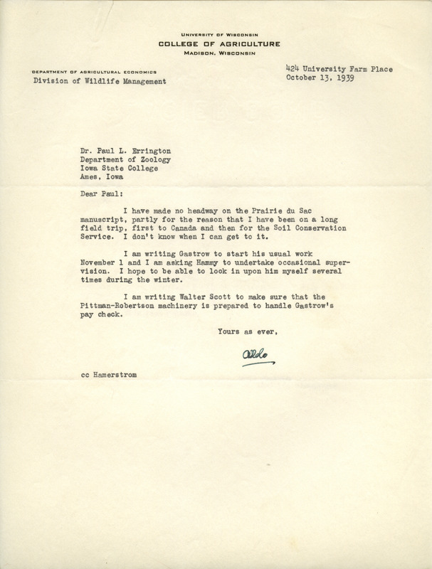 Aldo Leopold letter to Paul Errington, October 13, 1939