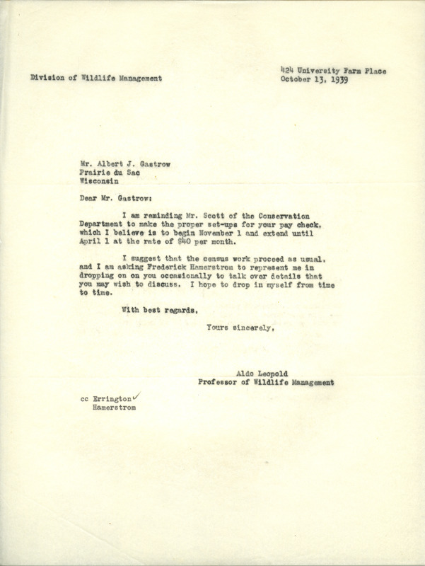 Aldo Leopold letter to Gastrow, October 13, 1939