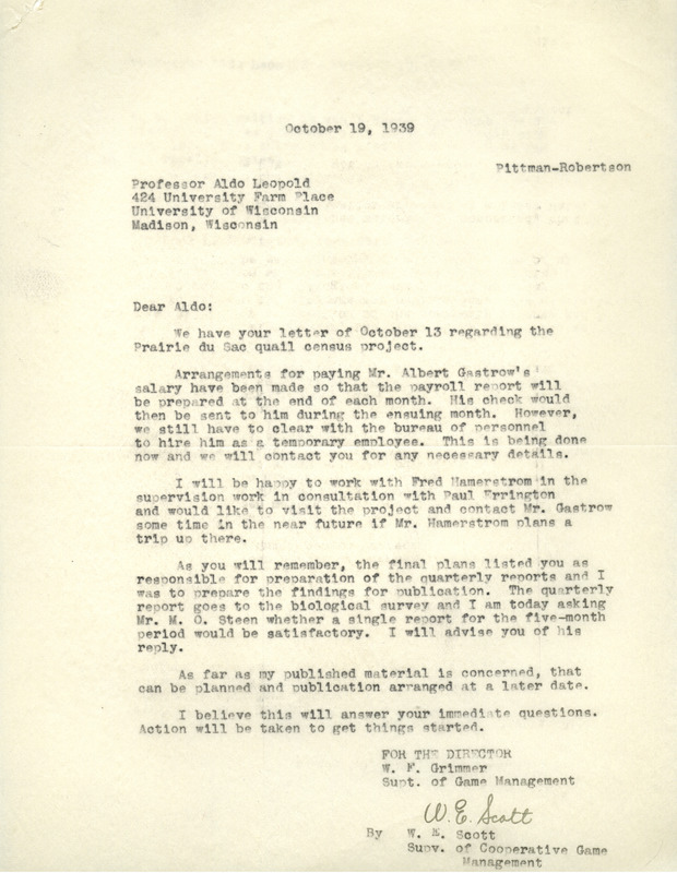 Letter from Scott to Aldo Leopold, October 19, 1939