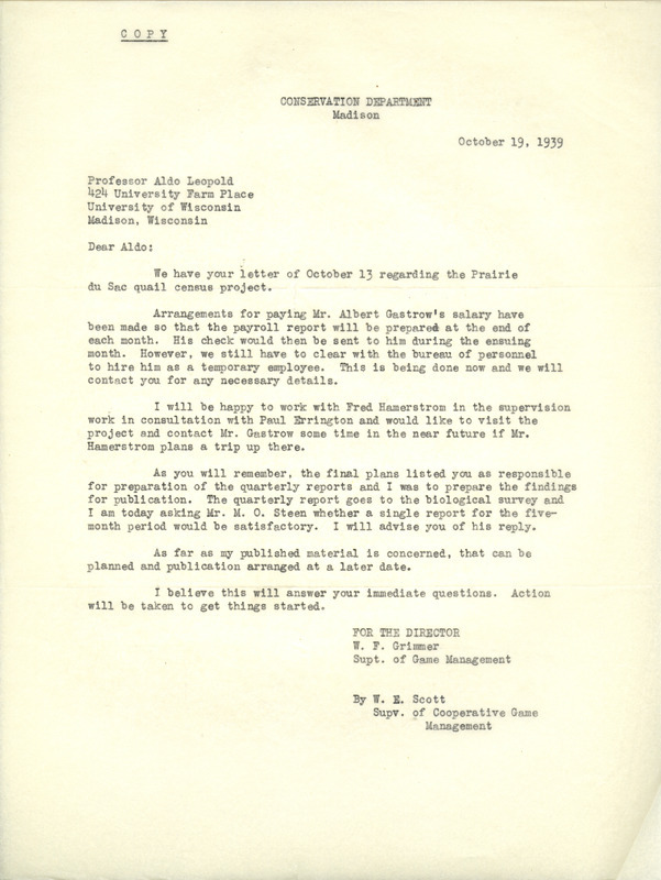 Letter from Scott to Aldo Leopold, October 19, 1939 copy
