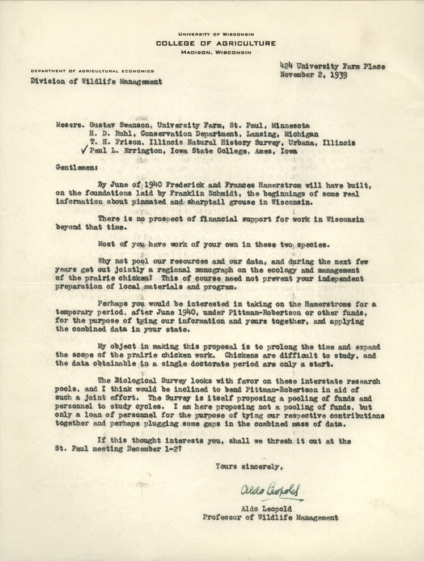 Aldo Leopold letter to Paul Errington, November 2, 1939
