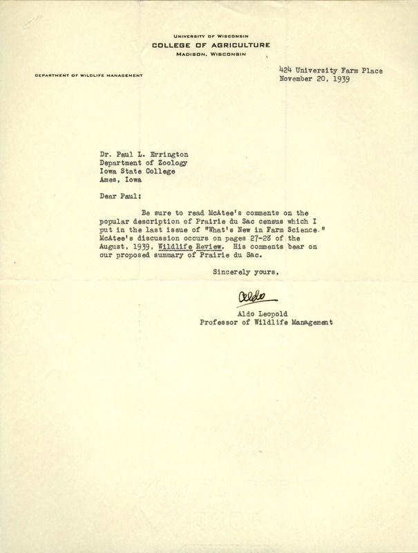 Aldo Leopold letter to Paul Errington, November 20, 1939