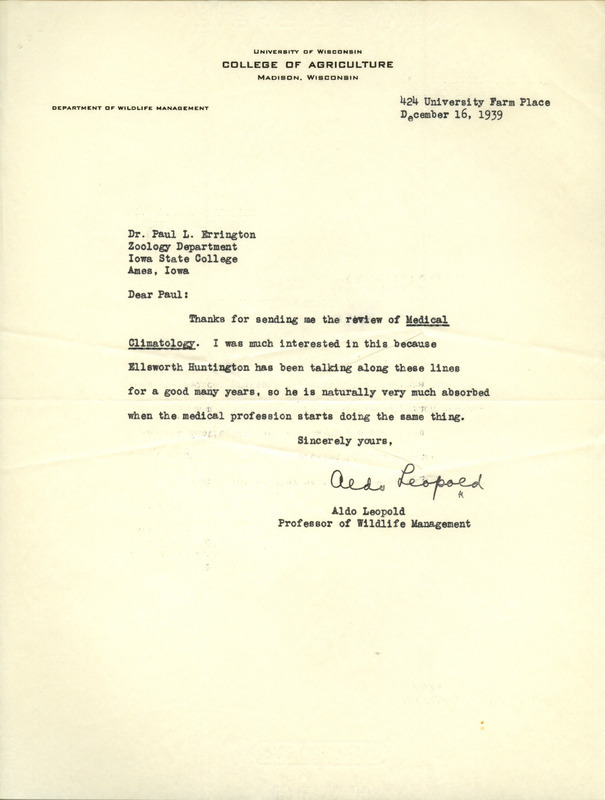 Aldo Leopold letter to Paul Errington, December 16, 1939