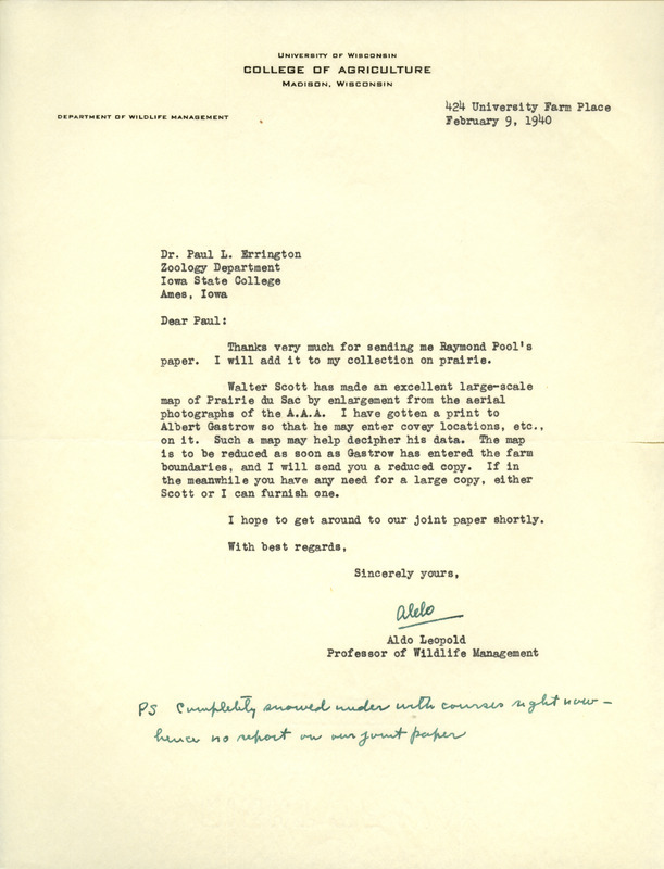 Aldo Leopold letter to Paul Errington, February 9, 1940