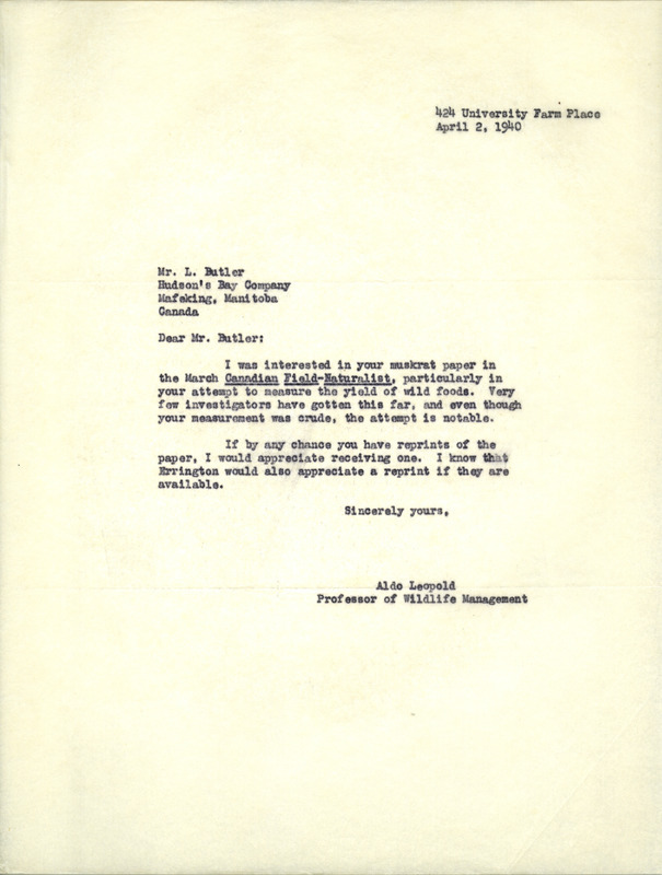 Aldo Leopold letter to Butler, April 2, 1940
