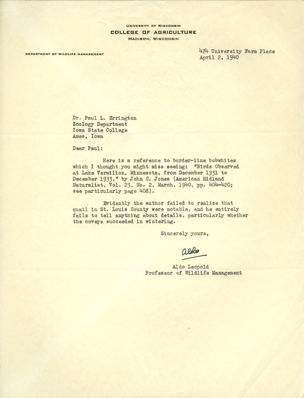 Aldo Leopold letter to Paul Errington, April 2, 1940
