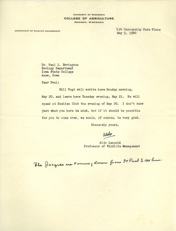 Aldo Leopold letter to Paul Errington, May 9, 1940