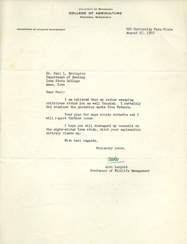 Aldo Leopold letter to Paul Errington, August 27, 1940