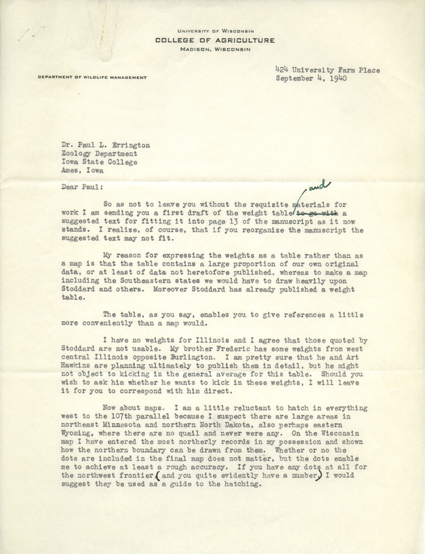 Aldo Leopold letter to Paul Errington, September 4, 1940