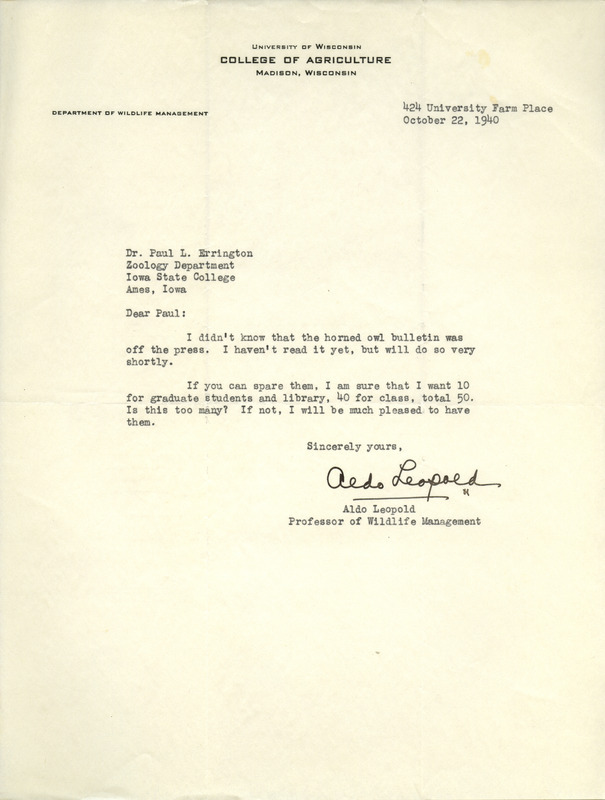 Aldo Leopold letter to Paul Errington, October 22, 1940
