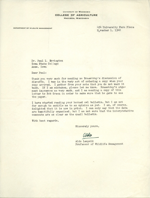 Aldo Leopold letter to Paul Errington, November 1, 1940