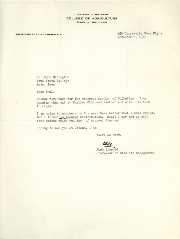 Aldo Leopold letter to Paul Errington, November 8, 1940