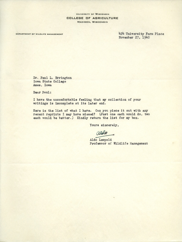 Aldo Leopold letter to Paul Errington, November 27, 1940