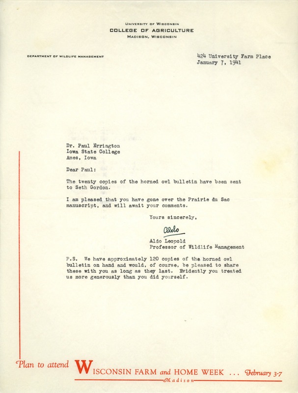 Aldo Leopold letter to Paul Errington, January 7, 1941
