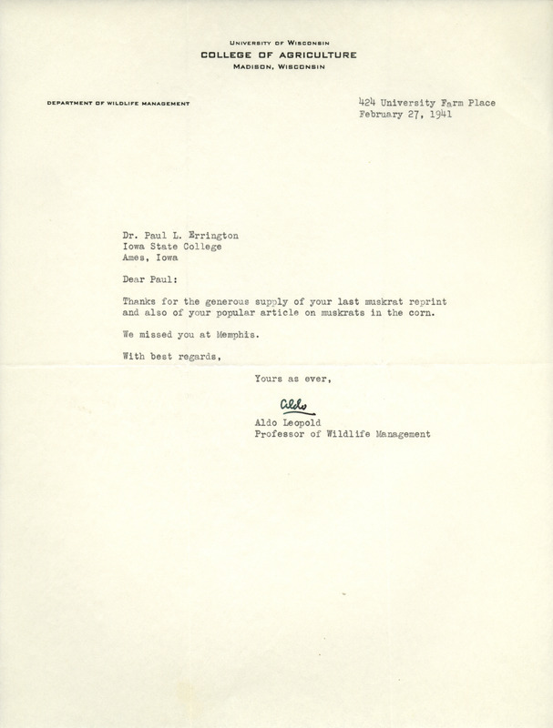 Aldo Leopold letter to Paul Errington, February 27, 1941