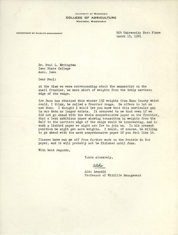 Aldo Leopold letter to Paul Errington, March 13, 1941