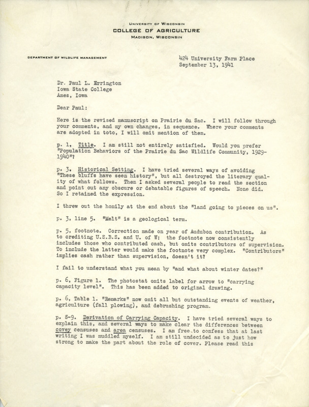 Aldo Leopold letter to Paul Errington, September 13, 1941