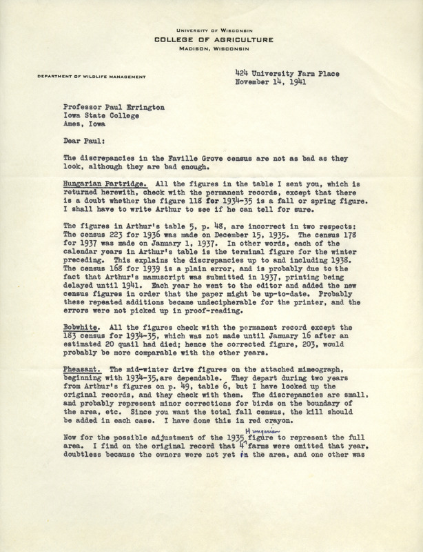 Aldo Leopold letter to Paul Errington, November 14, 1941