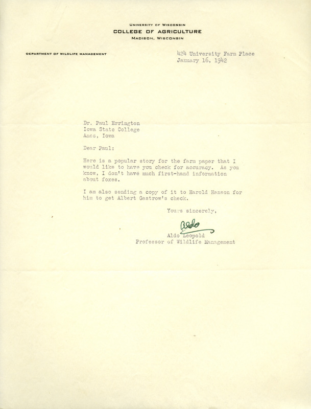Aldo Leopold letter to Paul Errington, January 16, 1942