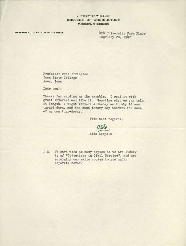 Aldo Leopold letter to Paul Errington, February 20, 1942