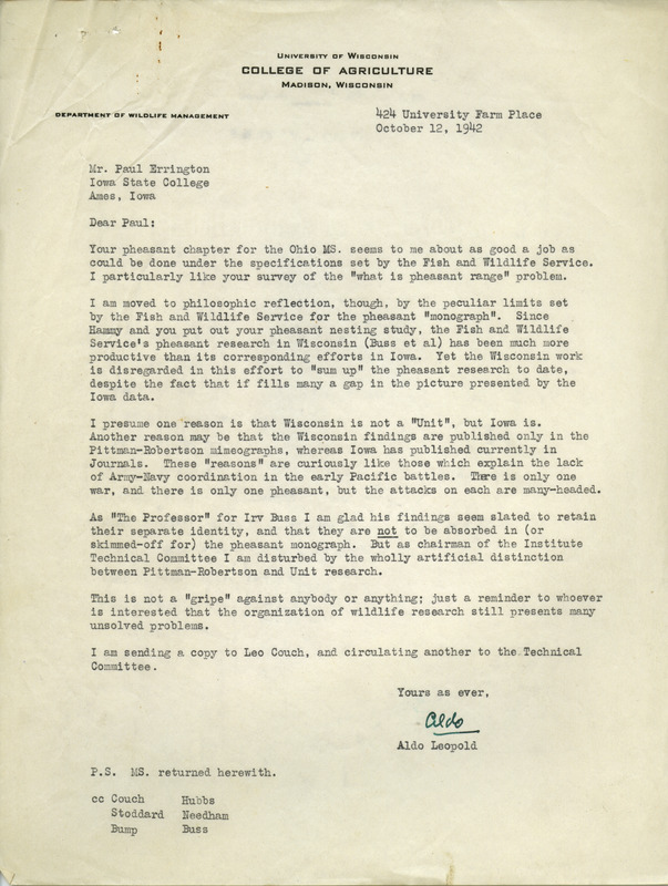 Aldo Leopold letter to Paul Errington, October 12, 1942