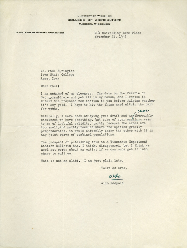 Aldo Leopold letter to Paul Errington, November 21, 1942