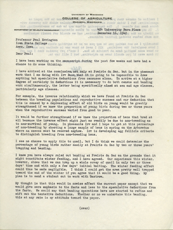 Aldo Leopold letter to Paul Errington, December 16, 1942