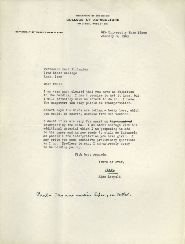 Aldo Leopold letter to Paul Errington, January 8, 1943