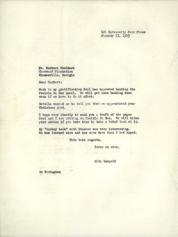 Aldo Leopold letter to Stoddard, January 13, 1943