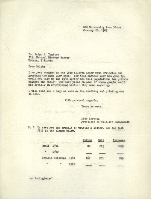 Aldo Leopold letter to Yeatter, January 20, 1943